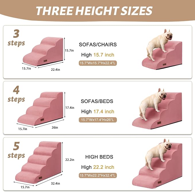 4-Step Dog Stairs for Bed or Couch, Pink Pet Ramp for Small Dogs, Cats | Aodisman Elegant Pink Dog Ramp Designed for Dogs and Cats, Ideal for Beds and Couches, Providing Comfortable Access, 17.7" H