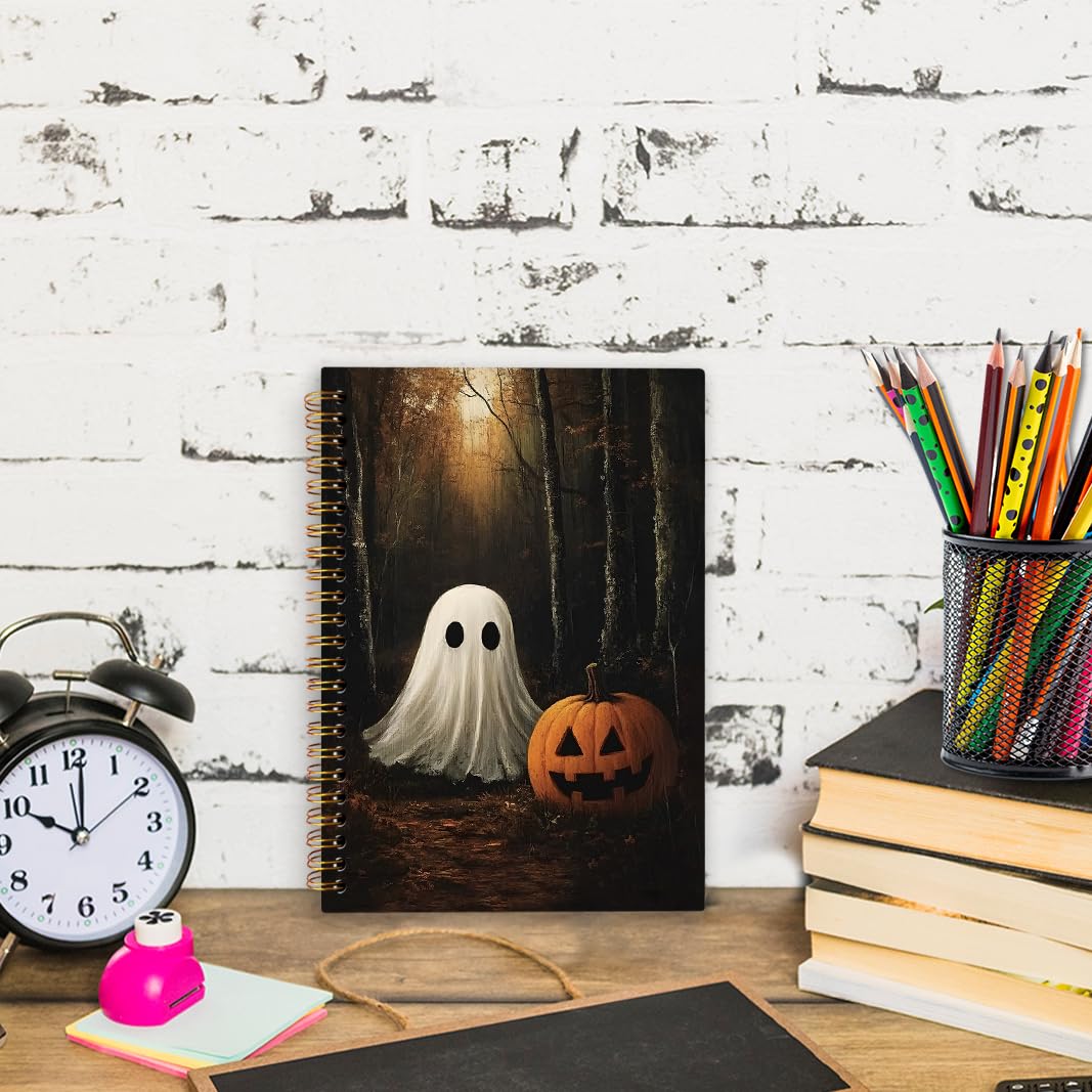 nvucamd Vintage Halloween Spiral Notebook, Witchy Fall Ghost Pumpkin Journal Notebook, Gothic Ghost Gifts Journaling Notebooks for Women, Halloween Gifts Office Supplies, 5.5x8.3 Inch