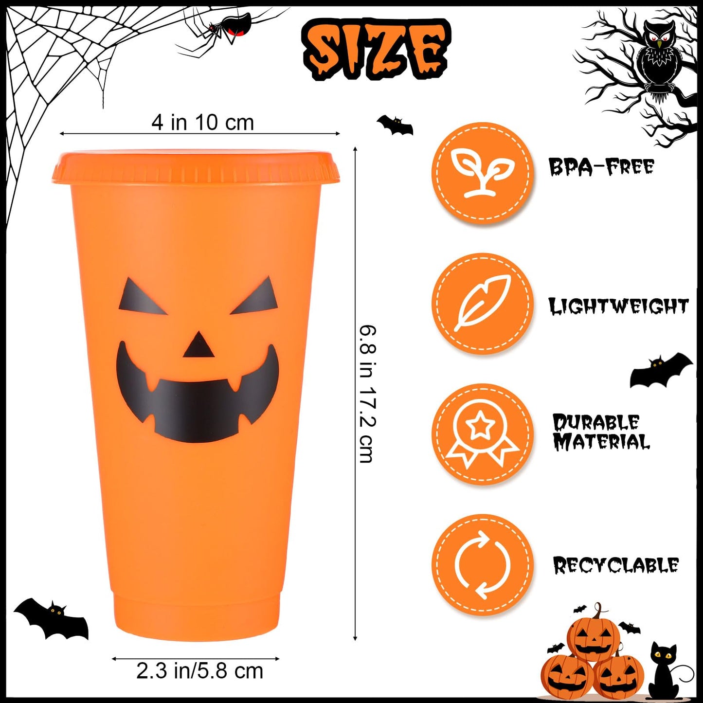 Umigy 24 Pcs Halloween Plastic Cups with Lids and Straws 4 Styles Pumpkin Ghost Skull Bat Tumblers Reusable Halloween Party Cups for Kids Adults Birthday Party Favors Supplies