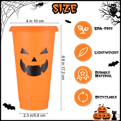 Umigy 24 Pcs Halloween Plastic Cups with Lids and Straws 4 Styles Pumpkin Ghost Skull Bat Tumblers Reusable Halloween Party Cups for Kids Adults Birthday Party Favors Supplies