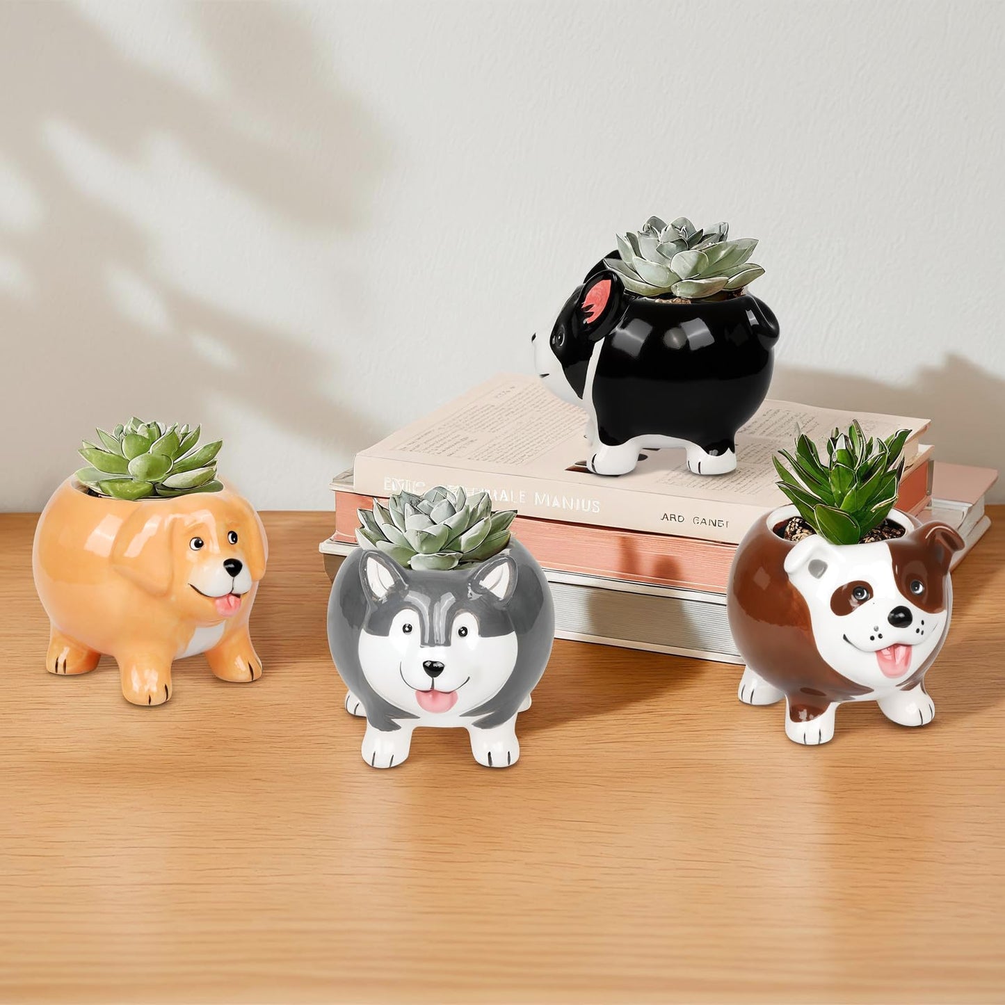 EFISPSS 4PCS Animal Succulent Plant Pots, Mini Doggy Shape Succulent Planter Pots with Drainage Hole, Ceramic Flower Pots for Home Decor and Office Desk Decoration