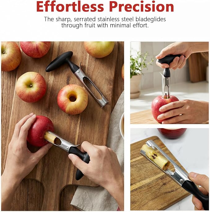Apple Corer Tool, Stainless Steel Apple Core Remover with Easy Push Core Release, Serrated Coring Head, Non-Slip Handle, Dishwasher Safe for Apples, Pears and Bell Peppers