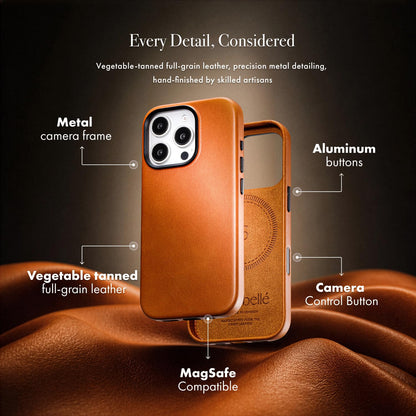 Casebelle Handcrafted Vegetable-Tanned Slim Leather Case for iPhone 16 Pro - [Built-in Camera Control] - Compatible with MagSafe - Raised Bezels, Natural Patina Over Time - Amber Brown