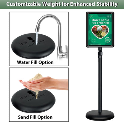 Poster Stand Holder Adjustable Pedestal Floor Standing Sign Holder Vertical and Horizontal View Sign Display, Aluminum Snap Open Frame with Safety Corner (2P-Black-11x17)