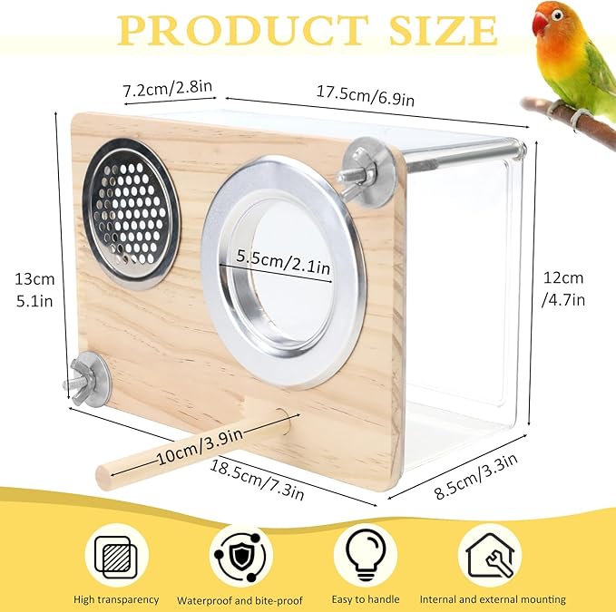 Parakeet Nesting Box for Cage, High-Transparent PET Parakeet Nest, Versatile Bird Houses for Canary, Lovebird and Parrot, Bird Boxes for Nesting with Wood Perch, Bird Cage Accessories (S, Rectangle)