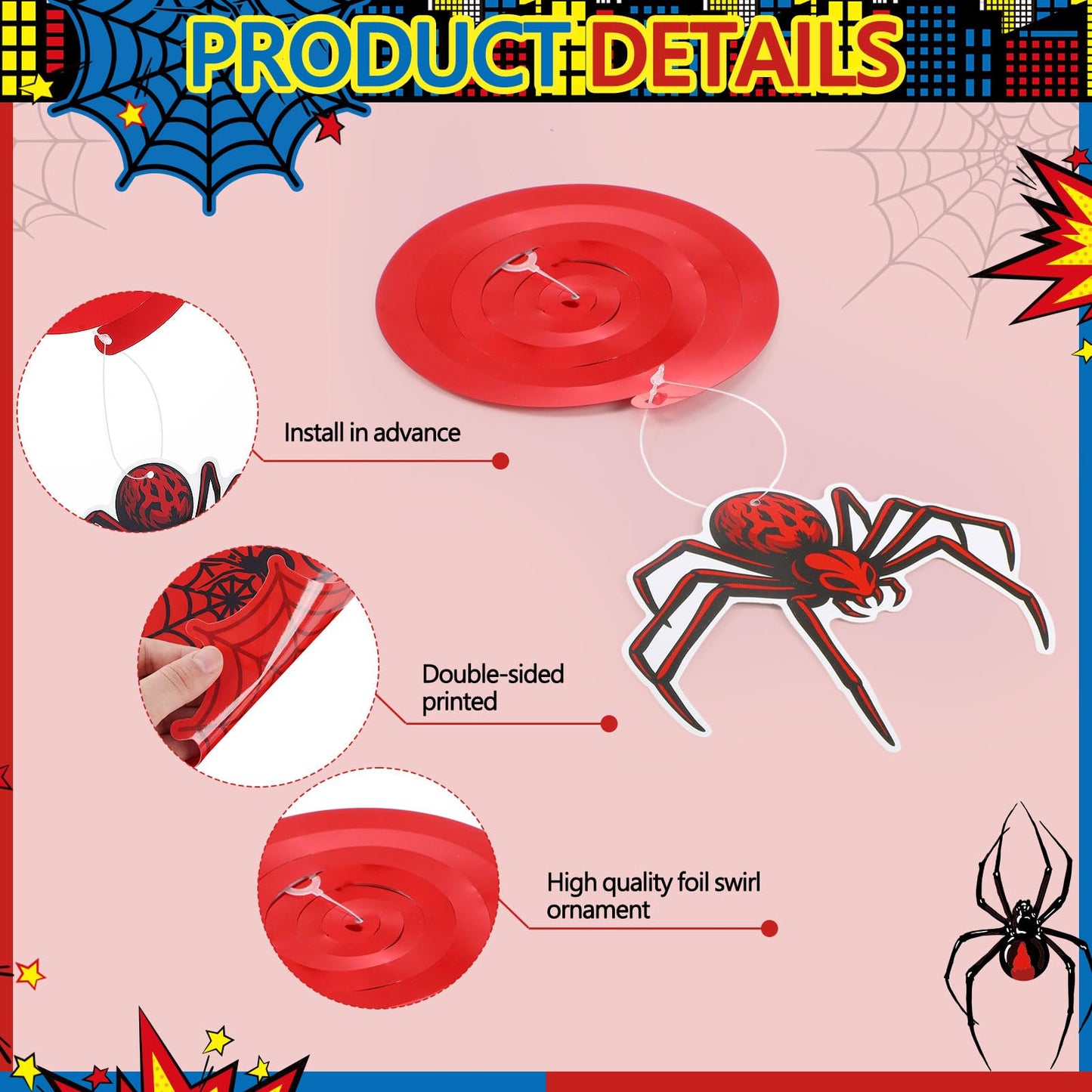 Geyoga 54 Pcs Spider Party Hanging Decor Spider Birthday Hanging Swirl Cityscape Decoration Swirls Hero Decor for Hero Birthday Party Supplies Decoration