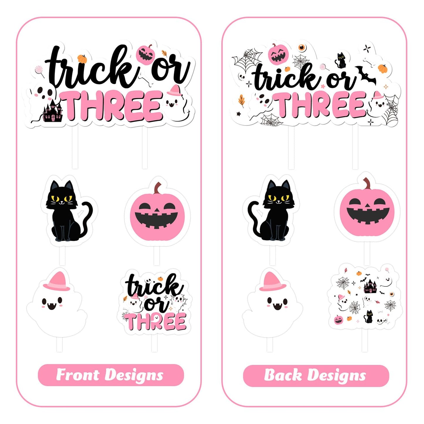 Trick or Three Cake Cupcake Toppers Pink Halloween 3rd Birthday Party Decorations Boo Ghost Pumpkin Bats Cake Decor Double-Sided Printing for Girls Third Booday Party Decor Supplies
