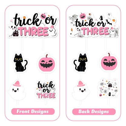 Trick or Three Cake Cupcake Toppers Pink Halloween 3rd Birthday Party Decorations Boo Ghost Pumpkin Bats Cake Decor Double-Sided Printing for Girls Third Booday Party Decor Supplies