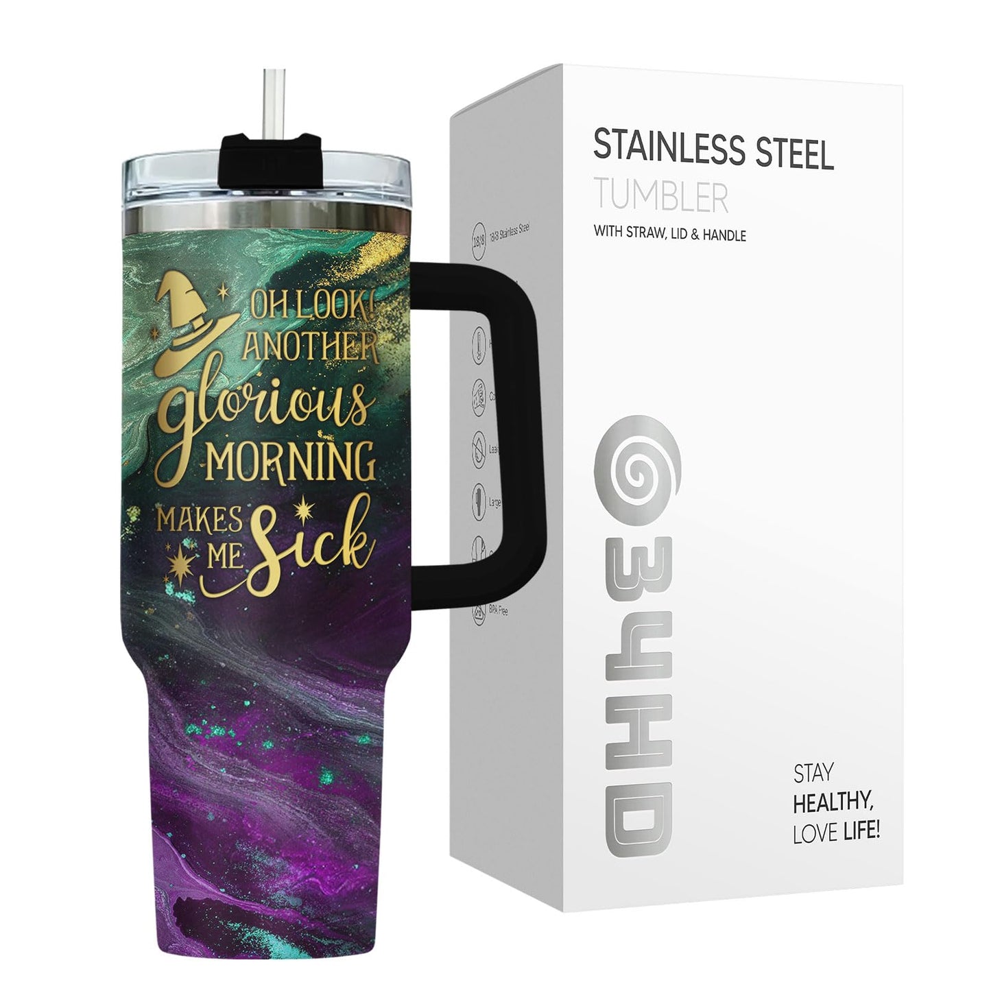 34HD Hocus Witch Tumbler 40oz with Handle Straw, Engraved Glorious Morning Stainless Steel Insulated Travel Coffee Cup - Spooky Birthday Gift for Festival Fans, Him Her & Movie Lovers