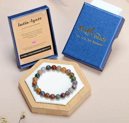 AD Beads Handmade Gemstone Stretch Elastic Bracelet Crystal Healing Reiki Nature's Beauty and Spiritual Essence Unisex (6mm, Indian Agate)