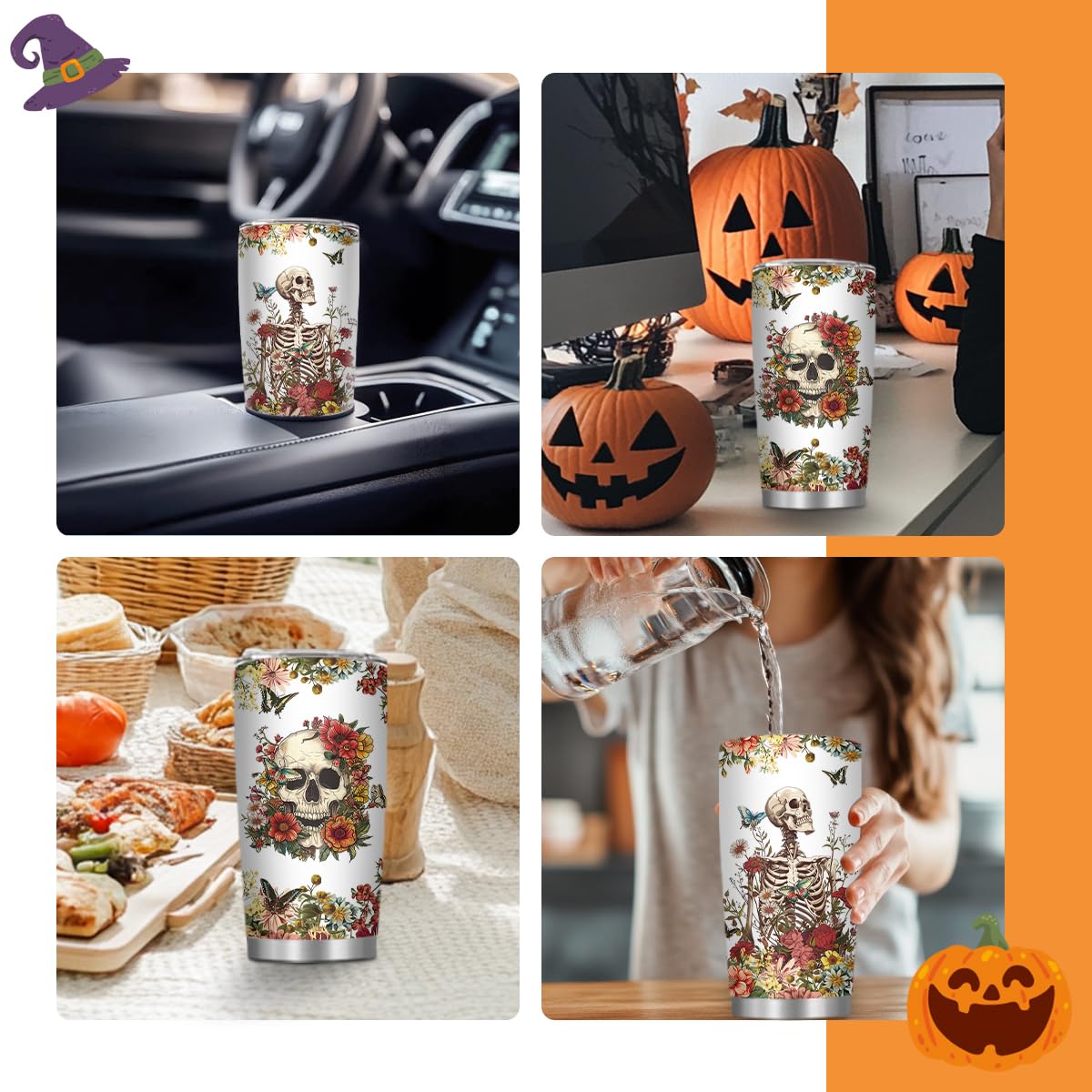 MoYueno Skull Tumbler, Horror Gifts for Skull Lover Men Women, 20 Oz Horror Wicked Spooky Flower Travel Coffee Tumbler Cup with Straw & Brush, Christmas Birthday Thanksgiving Gifts, 1 PCS