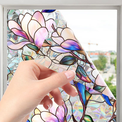 Flower Stained Glass Window Film Decorative Static Cling Stickers Sun Blocking Rainbow Privacy Decals for Home Car Purple Magnolia