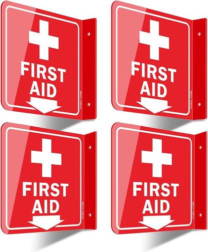 GicnKeuz First Aid Sign, 6" x 6" First Aid with Cross Symbol, Two-Sided Acrylic L-Sign for Business or Office or Wall Décor, Including Screws, Easy to Install (4 Pack)