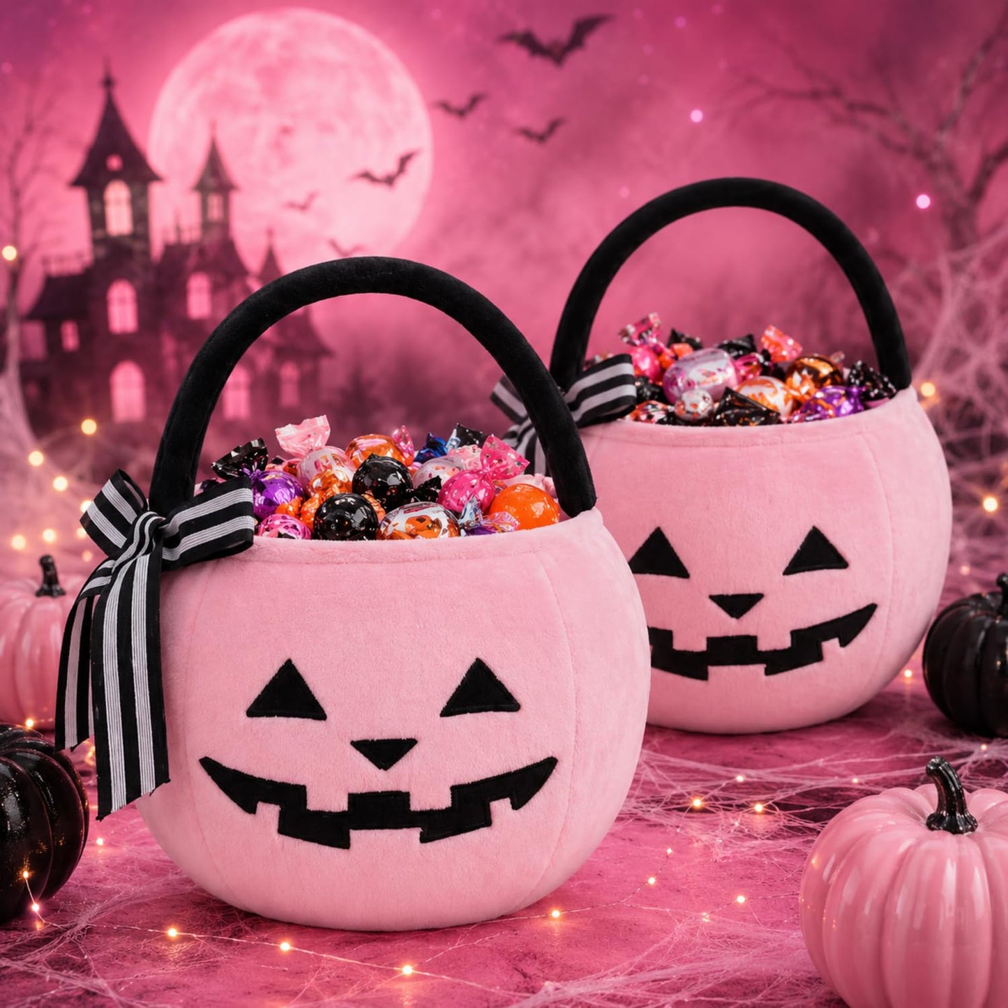 RattanView 2 Pack Halloween Pumpkin Candy Bucket Pink Lantern Treat Bag 8 x 6.3 Inch Trick or Treat Basket with Embroidered Face Striped Bow Handle for Halloween Costume Accessories Candy Gift Bag