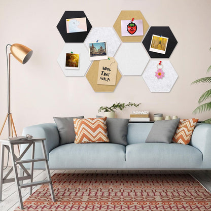 8 Packs Hexagon Felt Pin Board, 12" Bulletin Board with 30 Push Pins, Felt Board for Home Kitchen Office, Self-Adhesive Corkboard Tiles for Walls Message Photos Memos Display (Black White Grey Camel)
