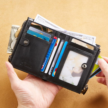 Wallet with Chain for Men Women Genuine Leather RFID Blocking Bi-Fold Wallet with Chain, Zip Coin Pocket, Credit Card Holder, Transparent ID Window for Driver License Biker Punk Hip Hop Style (Black)
