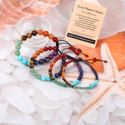 AD Beads 8mm Seven Chakra - Energy Balancing - Handmade Natural Stone Crystal Bracelet with Adjustable Macrame String - Yoga Healing Power Energy Gifts for Men and Women