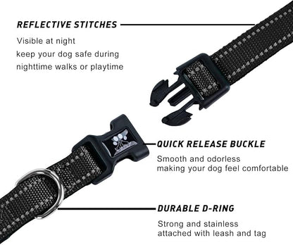 FURRYFECTION Reflective Dog Collar and Leash Set With Quick Release Buckle, Padded Neoprene Adjustable Nylon for Small Medium and Large Dogs (Medium Collar+5FT Leash, Black)