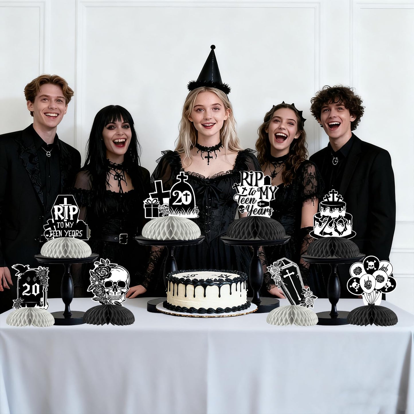 kreat4joy 8pcs Rip to My Teens Birthday Decoration Table Honeycomb Centerpiece Double-Sided Printing Black for Girl’s 20th Gothic Kissing My Teens Goodbye Hello Twenties Birthday Decoration