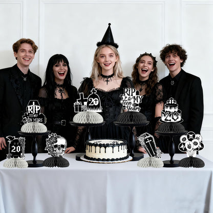 kreat4joy 8pcs Rip to My Teens Birthday Decoration Table Honeycomb Centerpiece Double-Sided Printing Black for Girl’s 20th Gothic Kissing My Teens Goodbye Hello Twenties Birthday Decoration