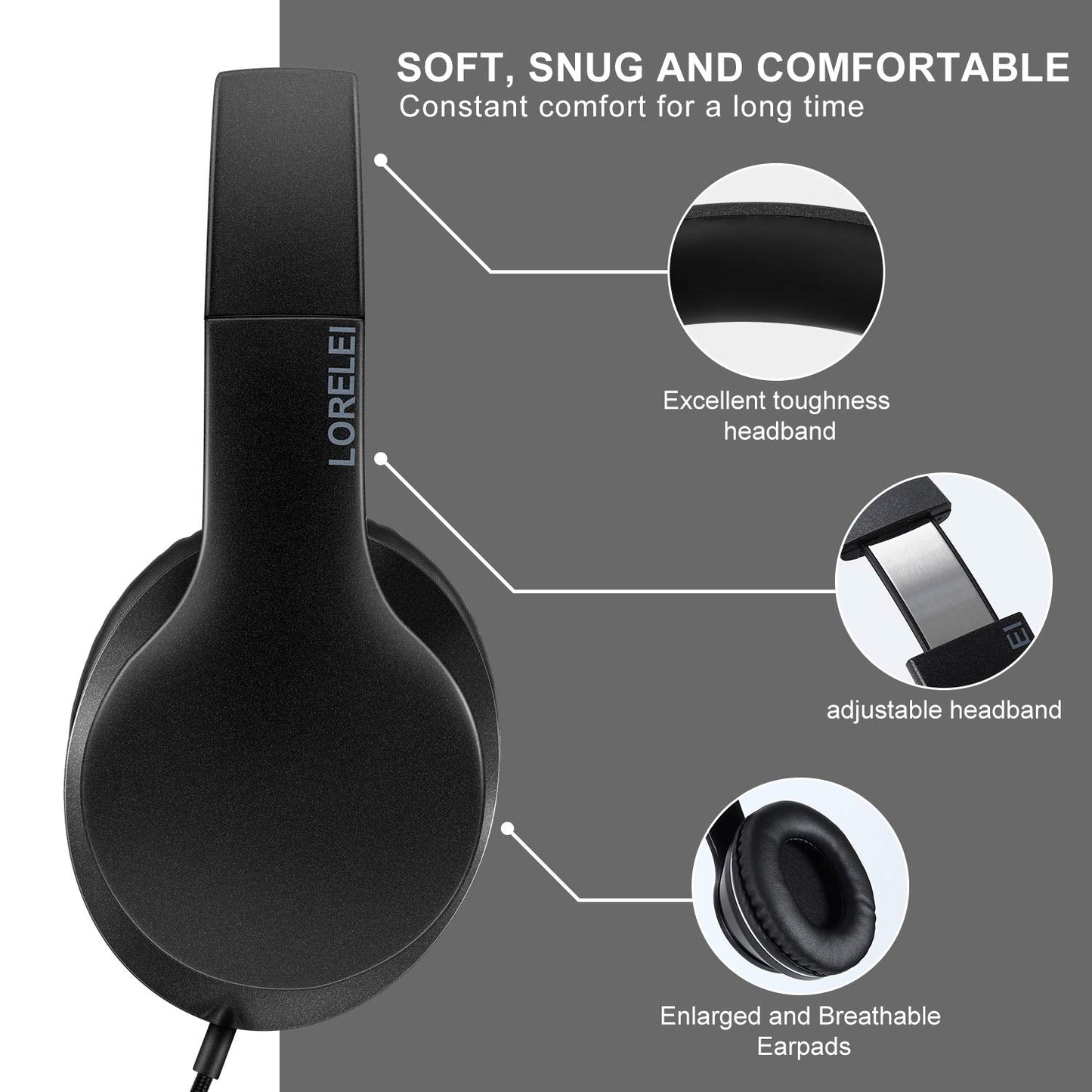 LORELEI X6 Over-Ear Wired Stereo Bass Headphones with Microphone, Lightweight, Foldable & Portable with 1.45M No-Tangle for Smartphone, Tablet, MP3/4, Space Black