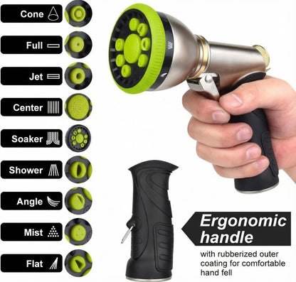 Garden Hose Nozzles 9 Adjustable Patterns Hose Spray Nozzle Heavy Duty Metal Hose Nozzle Spray Slip Resistant Water Sprayer for Cleaning/Watering Lawn Garden/Pets Shower/Car Washing (Green)