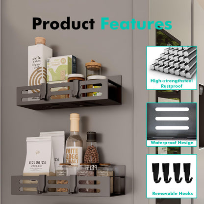2 Pack Magnetic Spice Rack for Refrigerator, Black Magnetic Shelf and Fridge Kitchen Cabinet Organizers Storage Seasoning Organization Mini Shelves, Organizadores de Cocina