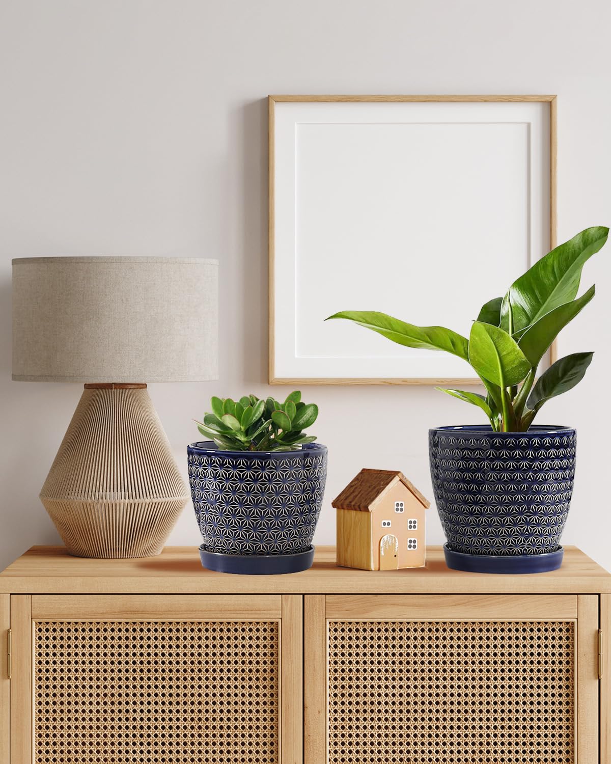 Plant Pots, Planters for Indoor Plants, Ceramic Plant Pots, 6.5+5.5 inch Plant Pot with Drainage and Saucer, Pots for Plants with Hole Mesh Pad, Set of 2, Reactive Glaze Blue