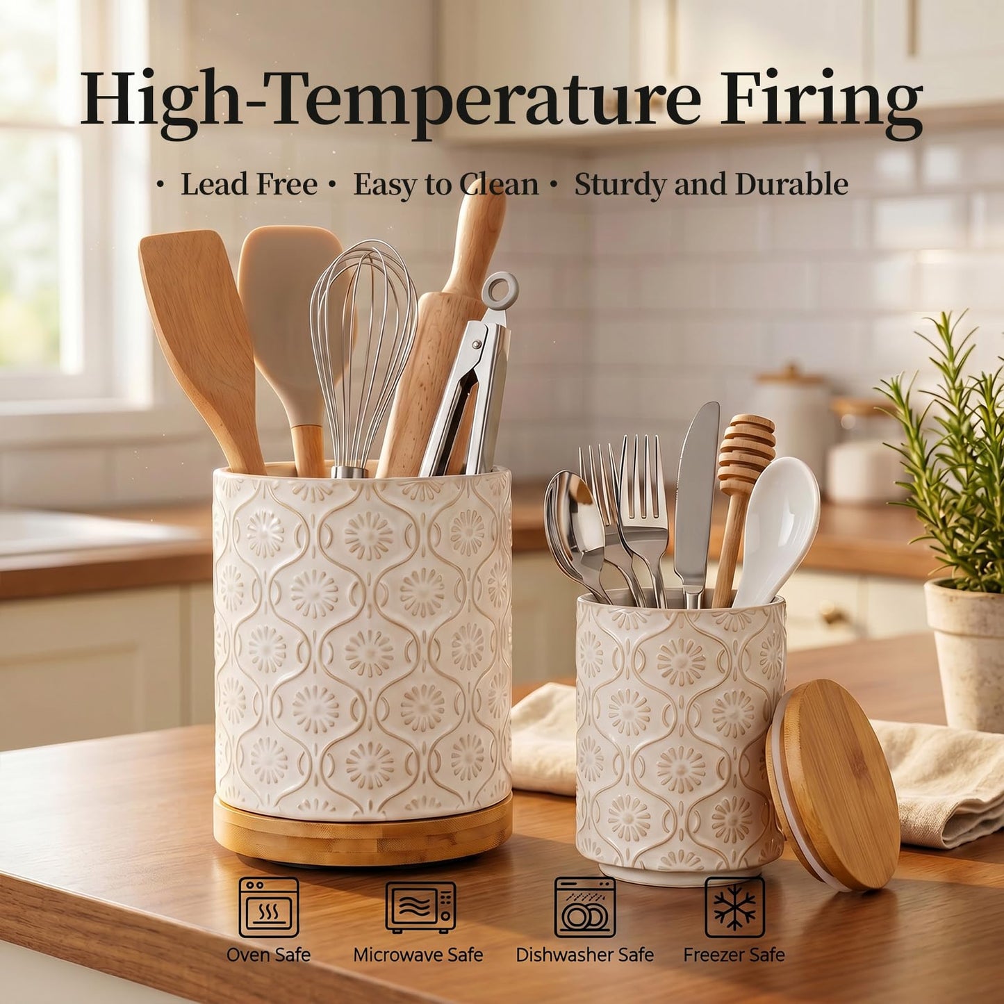 Newise Utensil Holder - Set of 2, Ceramic Kitchen Utensil Holder for Countertop, Large Utensil Crock with 360° Rotating Base, 7.7"+5.6" Embossed Cooking Storage and Decoration
