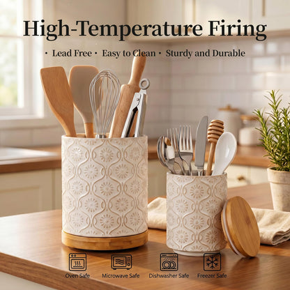 Newise Utensil Holder - Set of 2, Ceramic Kitchen Utensil Holder for Countertop, Large Utensil Crock with 360° Rotating Base, 7.7"+5.6" Embossed Cooking Storage and Decoration