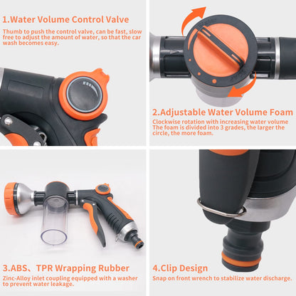 Garden Hose Nozzle,8 Patterns Hose Sprayer High Pressure,Heavy Duty Dog Wash,Metal Water Hose Nozzle with Soap Dispenser,Car Wash Foam Gun