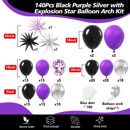 ADOINBY Purple and Black Balloon Arch Kit, 140Pcs Black Purple Metallic Silver and Confetti Balloon Garland kit, 22 18 12 10 5 Inch Different Size Balloons for Halloween Birthday Party Decorations