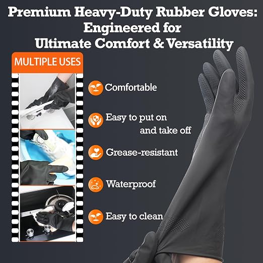 Heavy-Duty Thick Black Rubber Cleaning Gloves, 3 Pairs, L | Reusable & waterproof black/orange dual layers. Non-slip design for dishwashing, kitchen cleaning, and auto care.