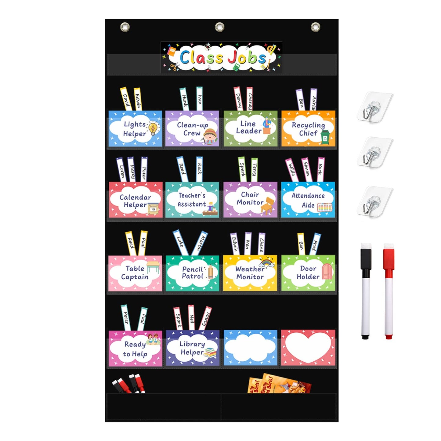 REGELETO Class Jobs Pocket Chart with 17 Pockets and 2 Storage Bags,Class Management Educational Pocket Chart Teacher's Helper Size: 32.6" L x 19.6 H inch Bulletin Board for Classroom (Black)