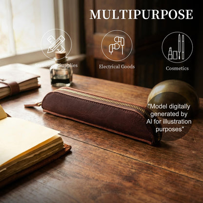 Gexmil Genuine Leather Pen Case, Full Grain Leather Mini Pencil Holder, Hand-made Stationery Bag for Work & Office, Vintage Style, Vegetable Tanned Leather