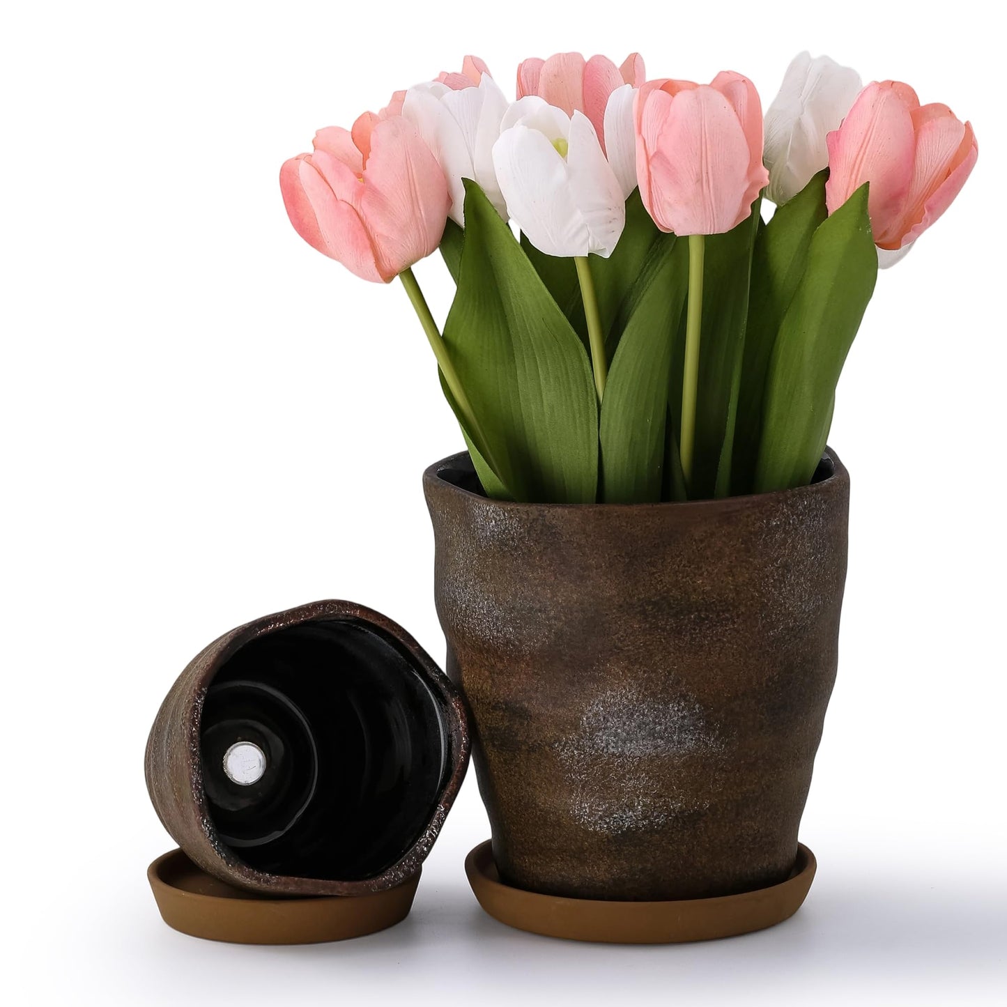 Pkeo Bbun 4+6 Inch Ceramic Planter Set of 2 with Drainage Hole and Saucer for Plants, Indoor-Outdoor Large Irregular Succulent Orchid Flower Pot- Cement Paint, Inner-pots not Larger Than 5 Inch
