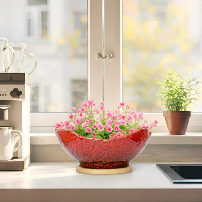 ARTKETTY Bonsai Pots - 9.06'' Ceramic Pots for Indoor Plants, Large Succulent Pots with Drainage Bamboo Tray, Unique Bonsai Tree Planters Round Cactus Flower Plant Container Bowl Home Office Decor