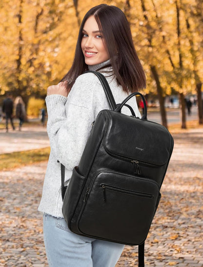 tiamyi leather travel backpack for men and women, flap top laptop backpack fits 17.0 inch computer with luggage strap and separate padded compartment, black