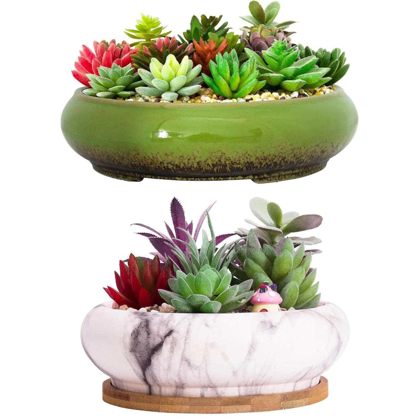 ARTKETTY Succulent Pots, Ceramic Bonsai Pots with Drainage, Large Shallow Succulent Planters for Indoor Outdoor Plants, Round Glazed Cactus Flower Plant Container Bowl Home Desk Decor