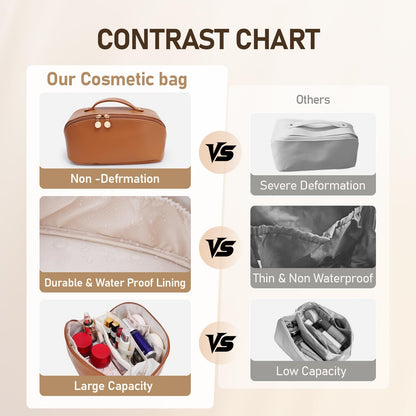 ETTP Large Capacity Cosmetic Bag for Women, Waterproof PU Leather Makeup Bag for Travel,Toiletry Bag Make up Organizer with Divider and Handle (Brown)
