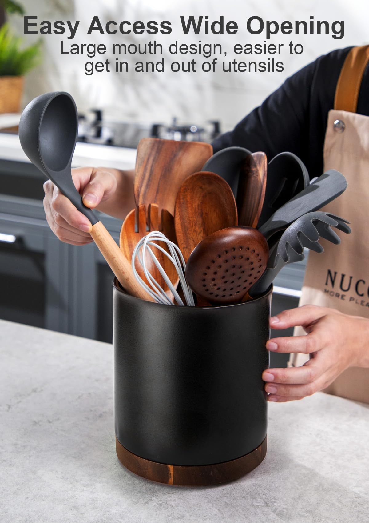 Nucookery 360°Rotating Utensil Holder, 7.2" Large Utensil Crock Countertop, Black Ceramic Cooking Utensil Organizer,Spatula Spoon Holder,Farmhouse Kitchen Decor Christmas Gift (Stone Black)