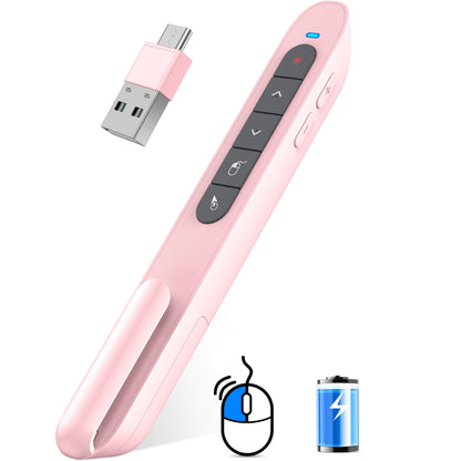 DINOSTRIKE Pink Wireless Presentation Remote with Air Mouse, Rechargeable USB C Slide Clicker Compatible with PowerPoint for Mac and Windows Laptops (2.4GHz)
