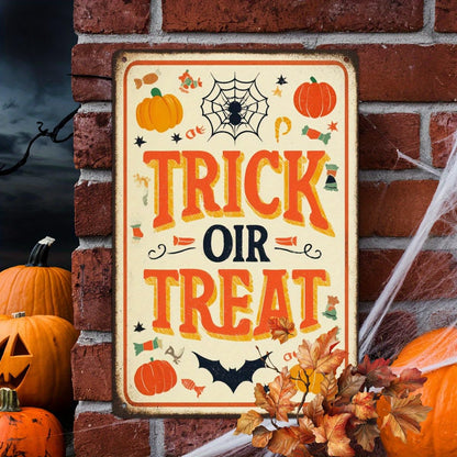 Trick or Treat Halloween Pumpkin Spider Web Candy Retro Metal Tin Sign Wall Art Decor for Front Door Home Halloween Party Indoor Outdoor 8x12 Inch