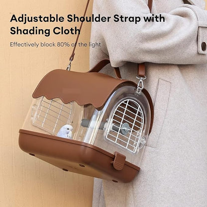 Indoor Bird Cage Bird Carrier Backpack with Perch, Transparent Travel Cage Bag with Shade Cover Visible Window for Parrots Budgie Decorative Aviary(Brown)