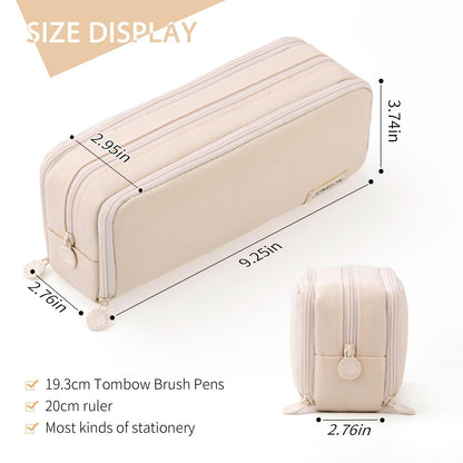 CICIMELON Large Capacity Pencil Case 3 Compartment Pouch Pen Bag for School Teen Girl Boy Men Women (Beige)