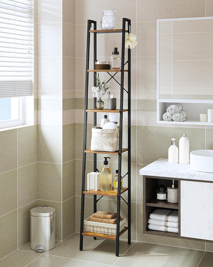 Hzuaneri Ladder Shelf, Bookshelf Bookcase, Freestanding Corner Storage Shelve with 2 Hooks for Home Office, Living Room, Kitchen, Bedroom, Industrial, 11.8"D x 13.4"W x 72.8"H, Rustic Brown BC13301B