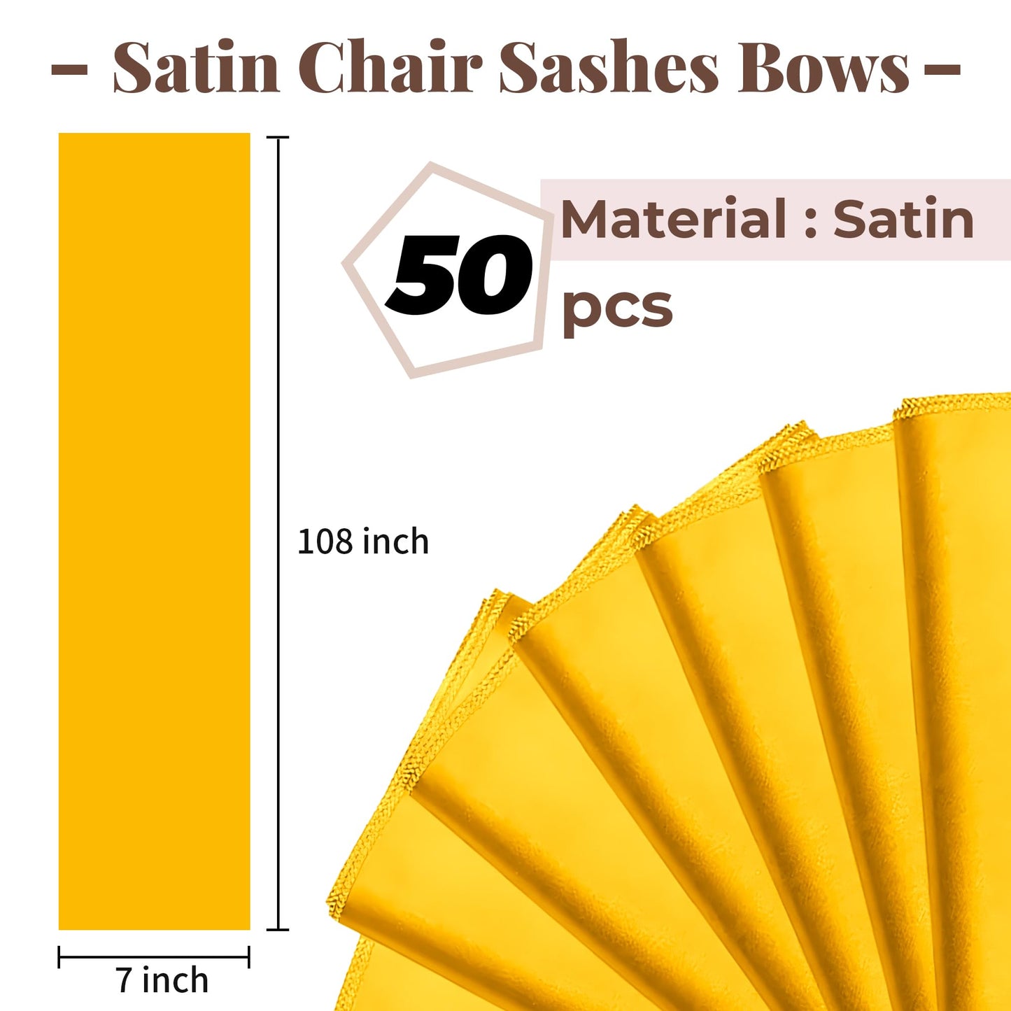 WASIRL Satin Chair Sashes Bows 50 pcs Chair Ribbon Sashes for Wedding Party Reception Events Banquets Hotel Event Chairs Decoration（Gold 7x108 inch）