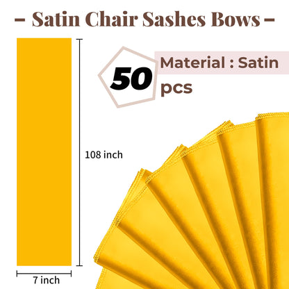 WASIRL Satin Chair Sashes Bows 50 pcs Chair Ribbon Sashes for Wedding Party Reception Events Banquets Hotel Event Chairs Decoration（Gold 7x108 inch）
