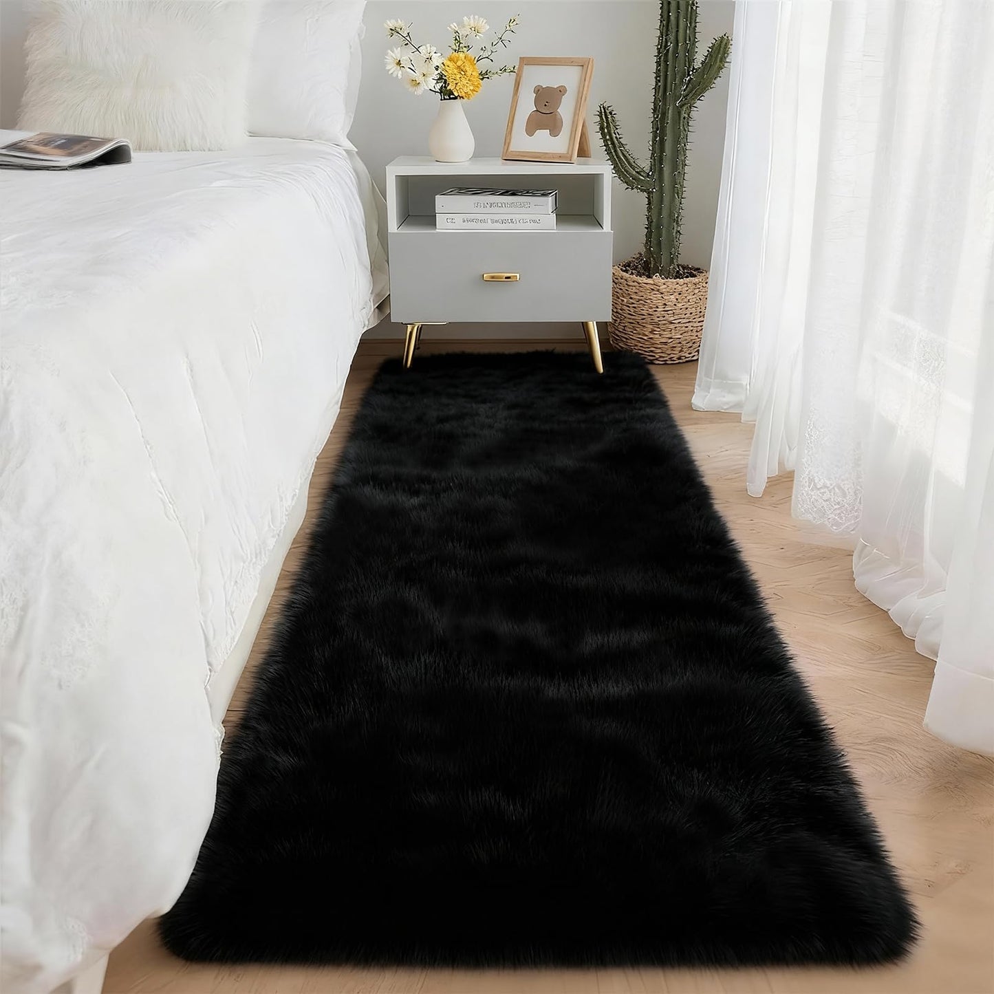 SWGRT 2x6 Solid Fluffy Black Area Rug – Washable, Durable, Small Bedroom Runner Rug, Non-Slip Shag Rugs for Hallway, Living Room, Bedroom, Bedside, Dorms, Kids Room, Nursery Rooms, Soft Indoor Carpet