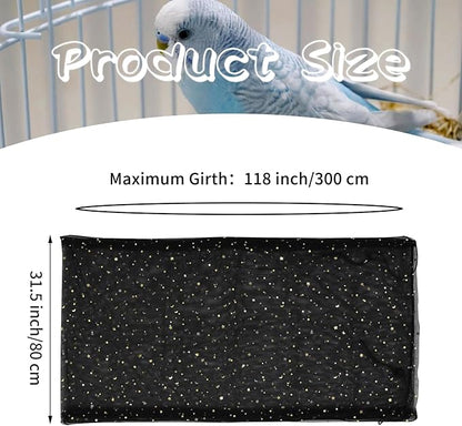 Daoeny 2PCS Bird Cage Seed Catcher, Large Bird Cage Cover, Adjustable Soft Airy Nylon Mesh, Birdcage Cover Skirt Seed Guard for Parrot Parakeet Macaw Round Square Cages (Black & White Sequins Star)